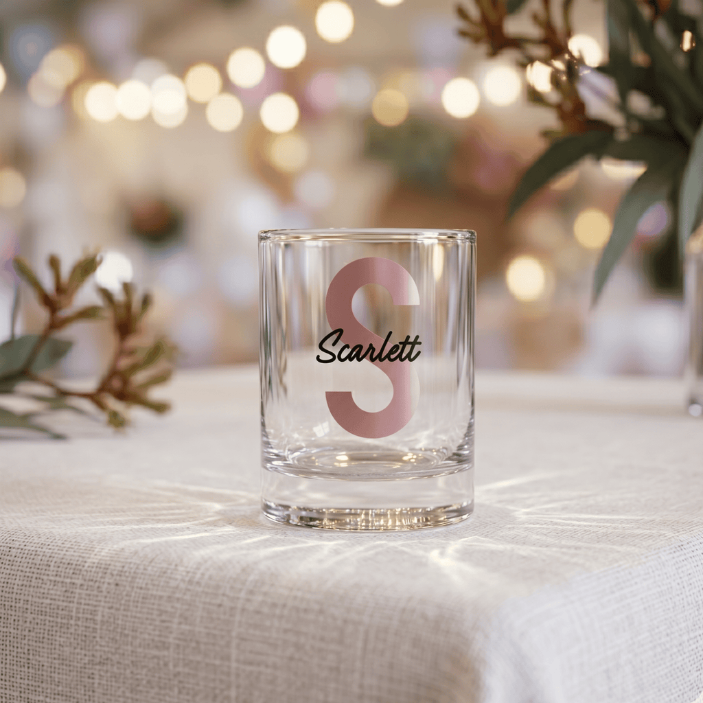 Clear glass with 'Scarlett' and a pink 'S' on a textured surface with blurred lights and plants in the background
