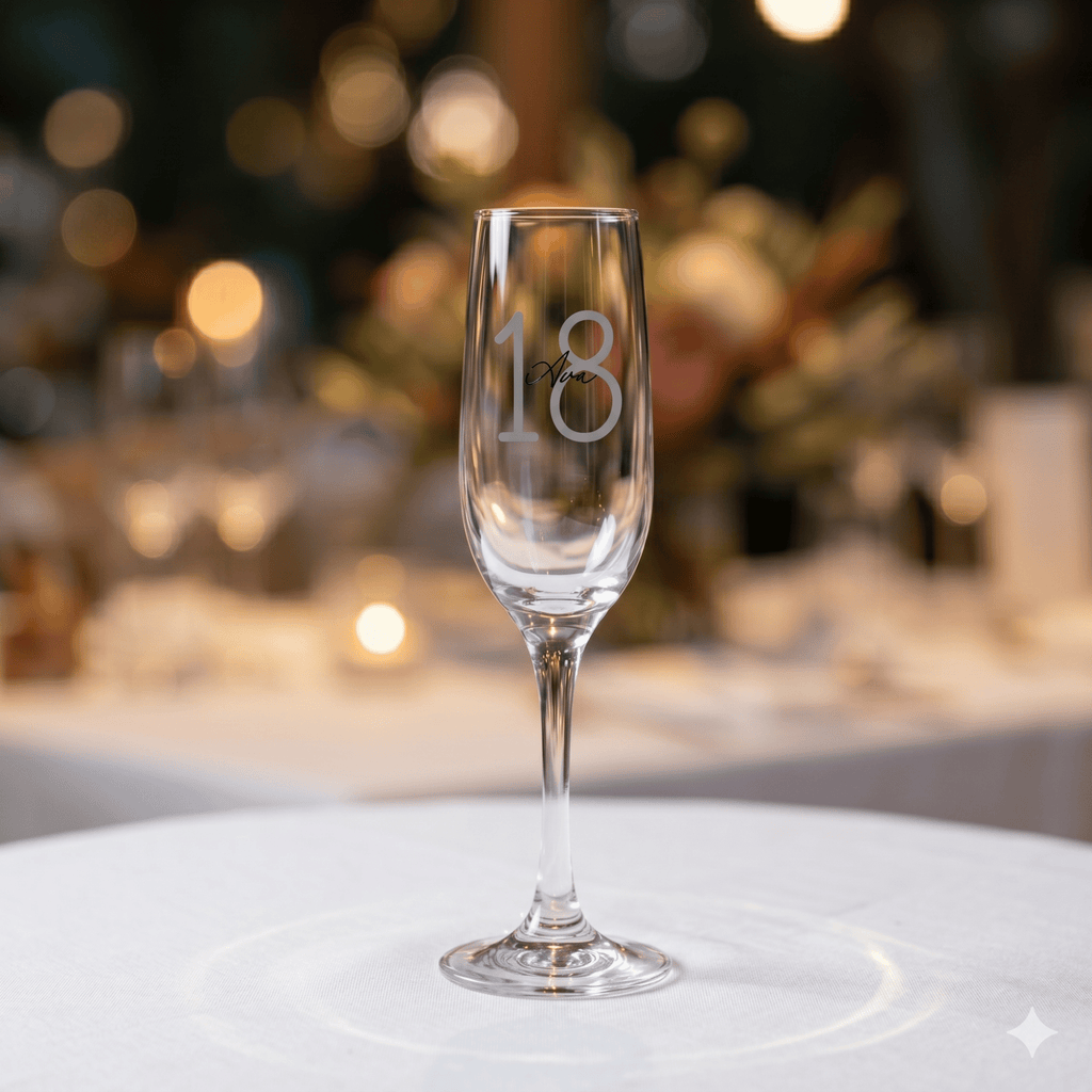 Champagne flute with engraved number 18 on a blurred festive background