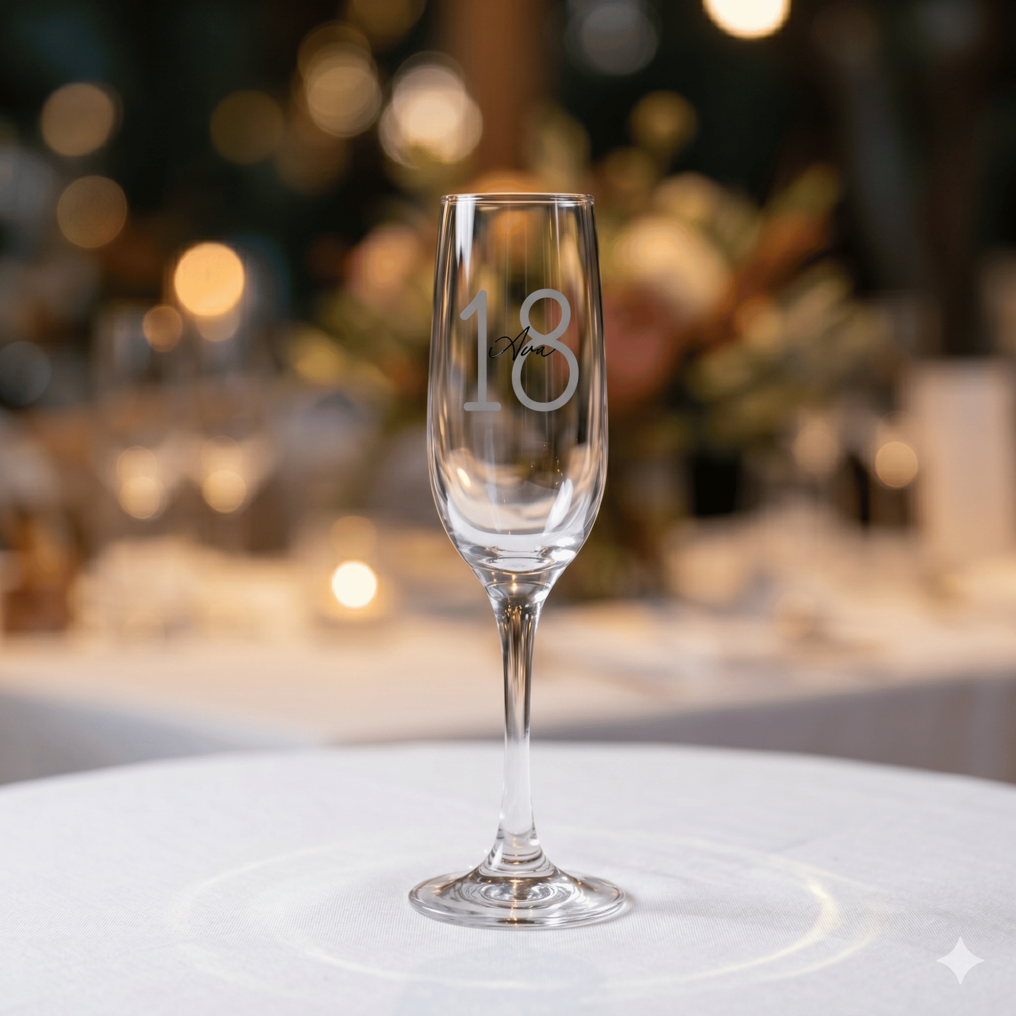 Champagne flute with engraved number 18 on a blurred festive background