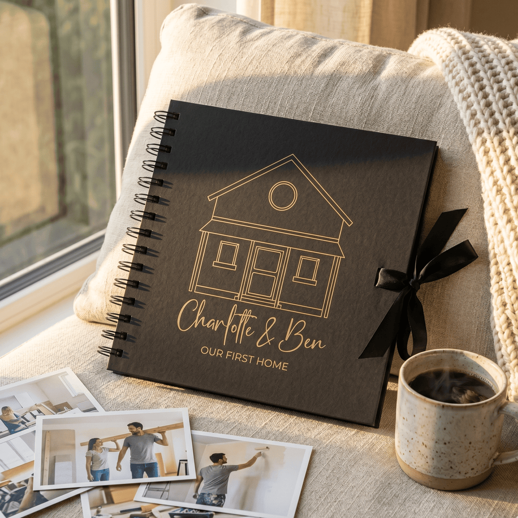 Personalized home album with house illustration and text, surrounded by photos and a mug on a cushioned surface.