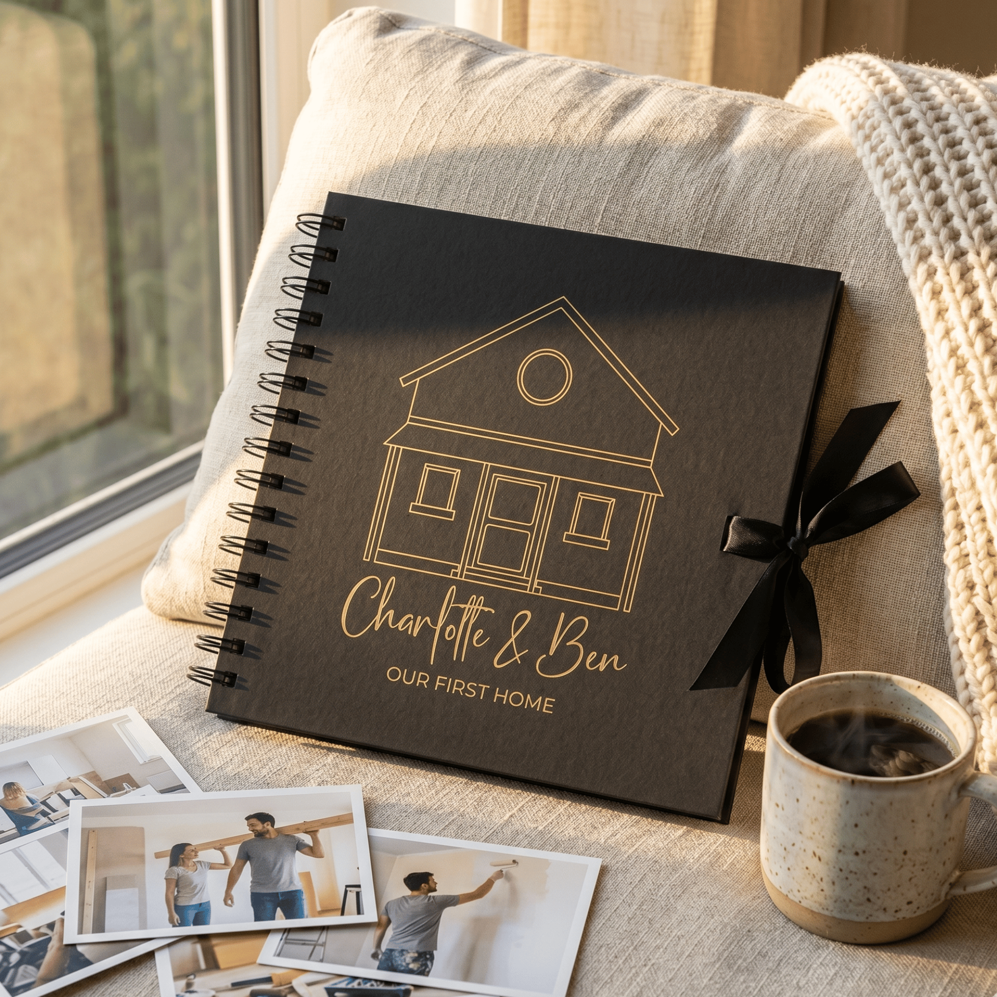 Personalized home album with house illustration and text, surrounded by photos and a mug on a cushioned surface.
