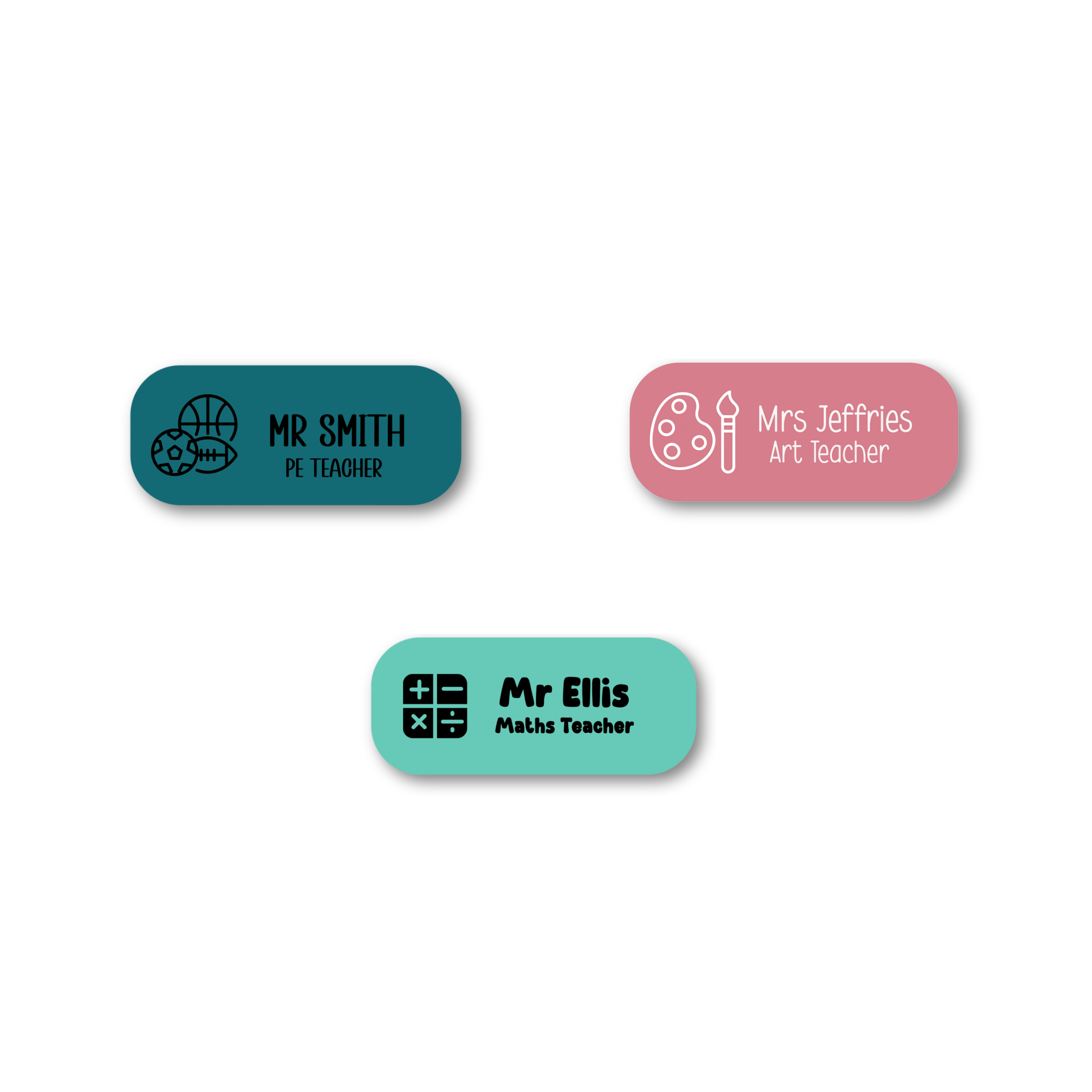 Custom teacher name badges for PE, art, and maths teachers with subject icons. Personalised school ID tags in pink, teal, and navy.