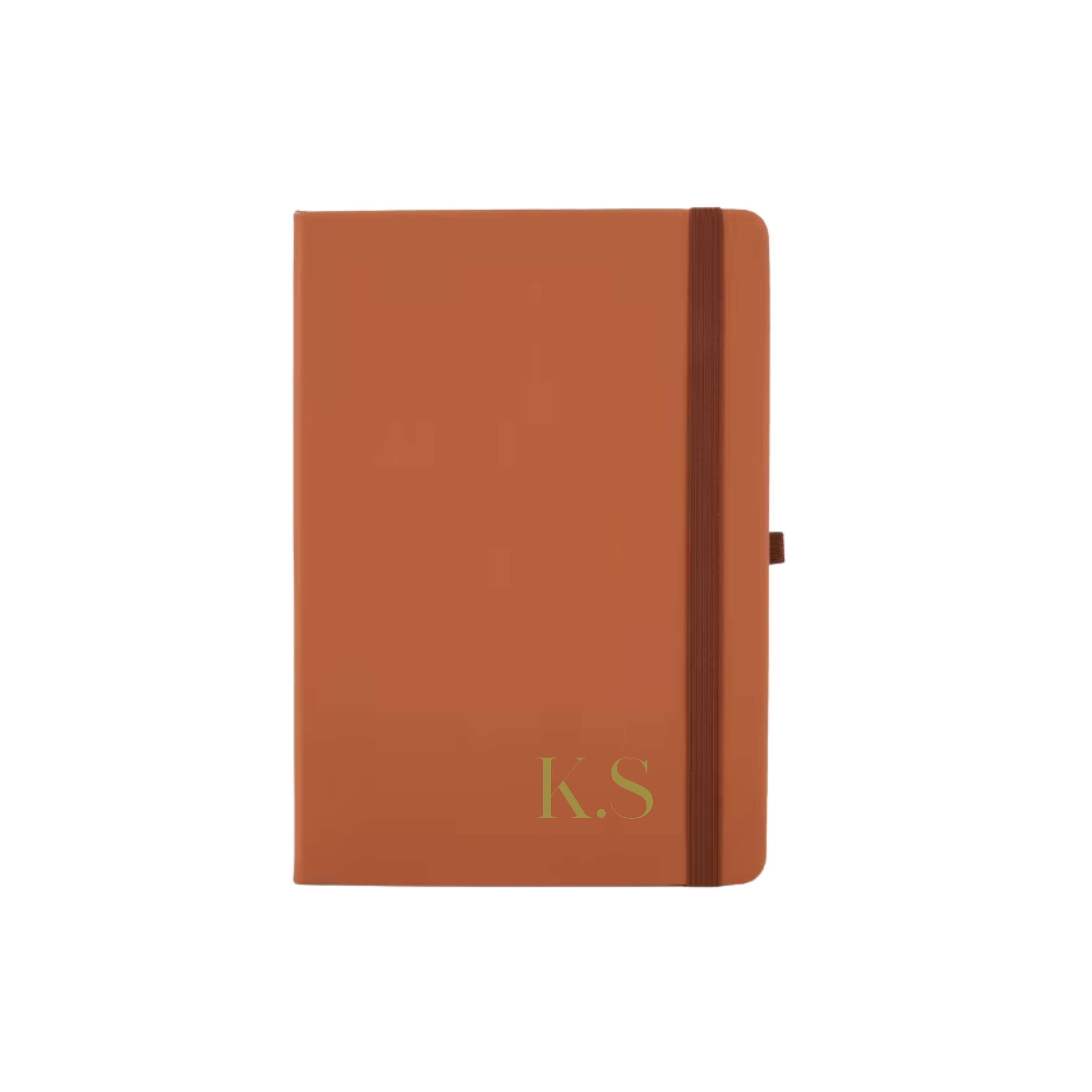 Tan A5 vegan leather notebook with hard cover, personalised with initials K.S in gold.