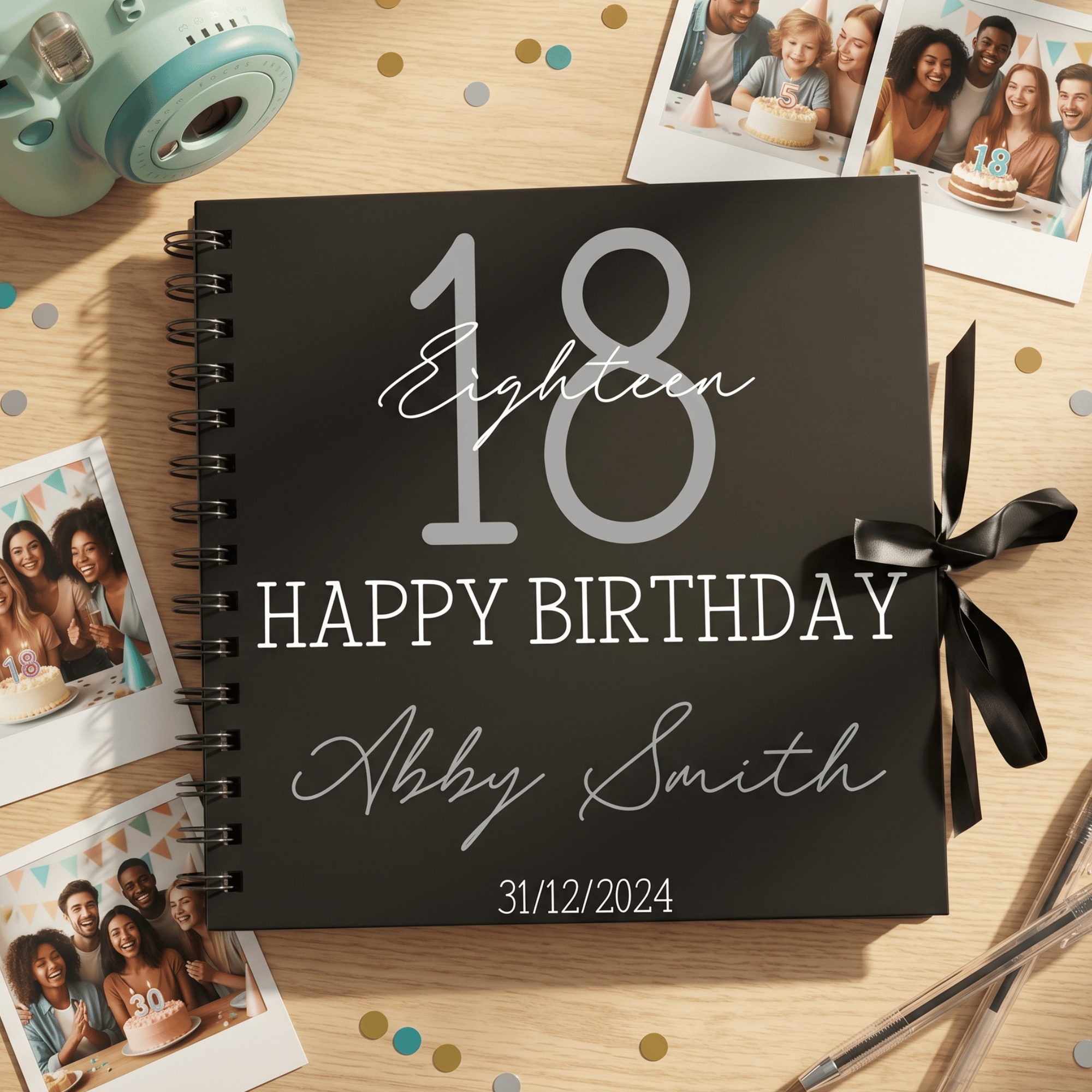 Personalised birthday Album with photos and a camera on a wooden surface