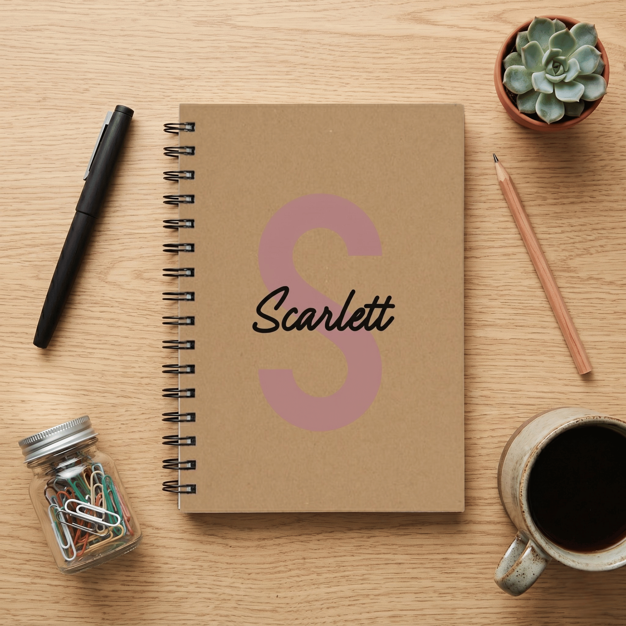 Notebook with 'Scarlett' on a wooden surface with stationery items.
