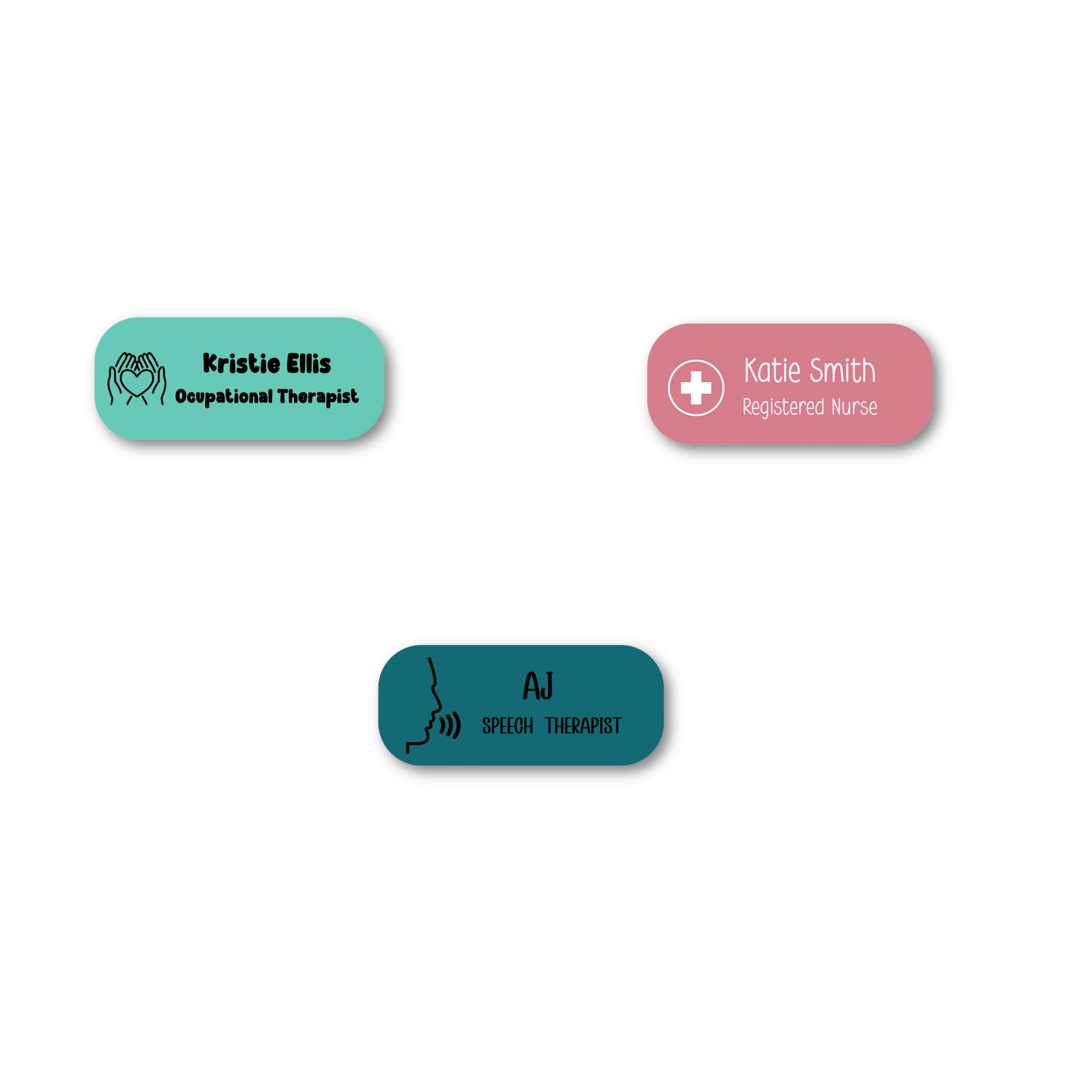Custom medical name badges for occupational therapist, speech therapist, and registered nurse. Personalised design with icons and coloured background.