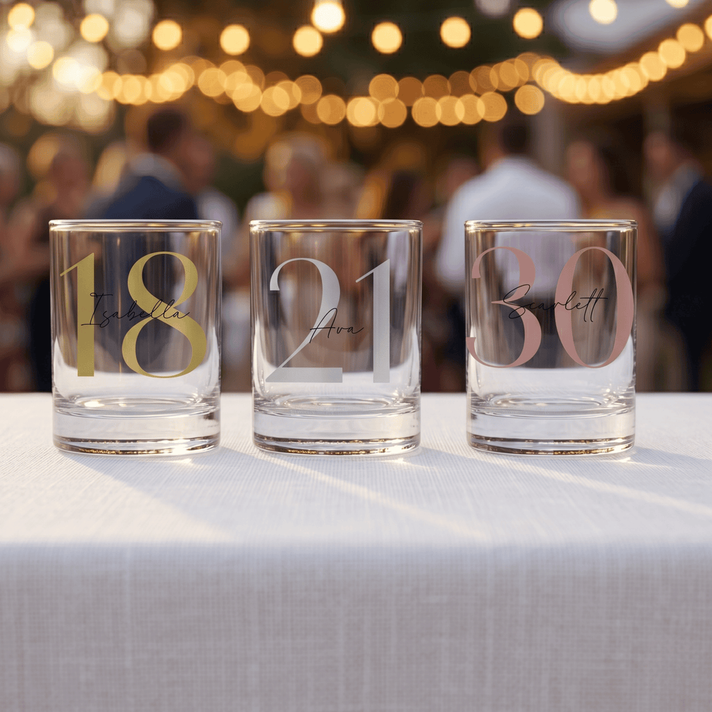 Three clear glasses with numbers and names on a tablecloth with blurred people and lights in the background