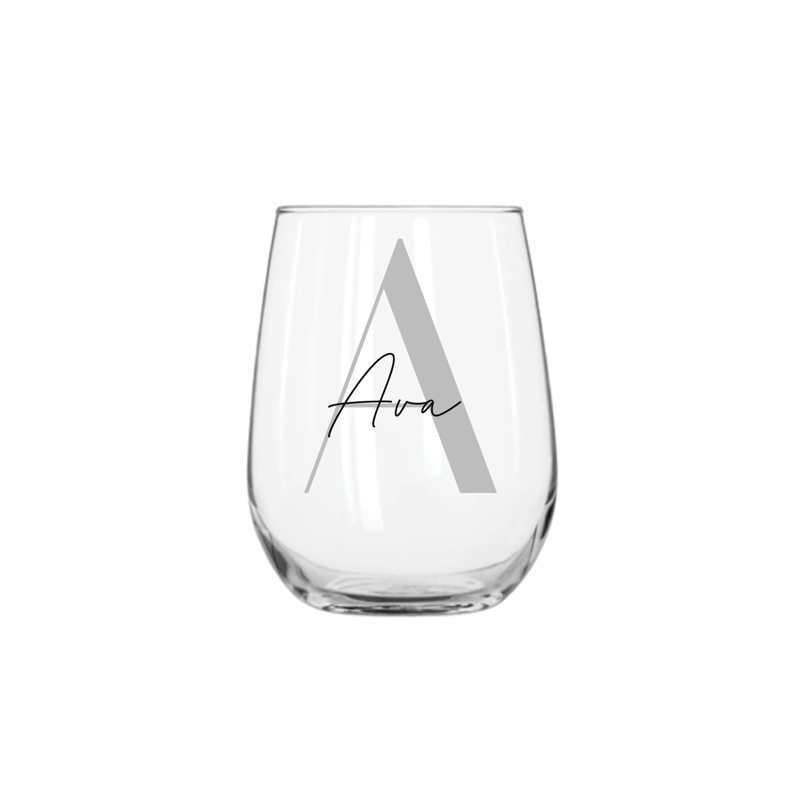 Custom personalised 475ml stemless wine glass with grey letter A and name Ava, unique personalised wineglass, birthday gift for her or him