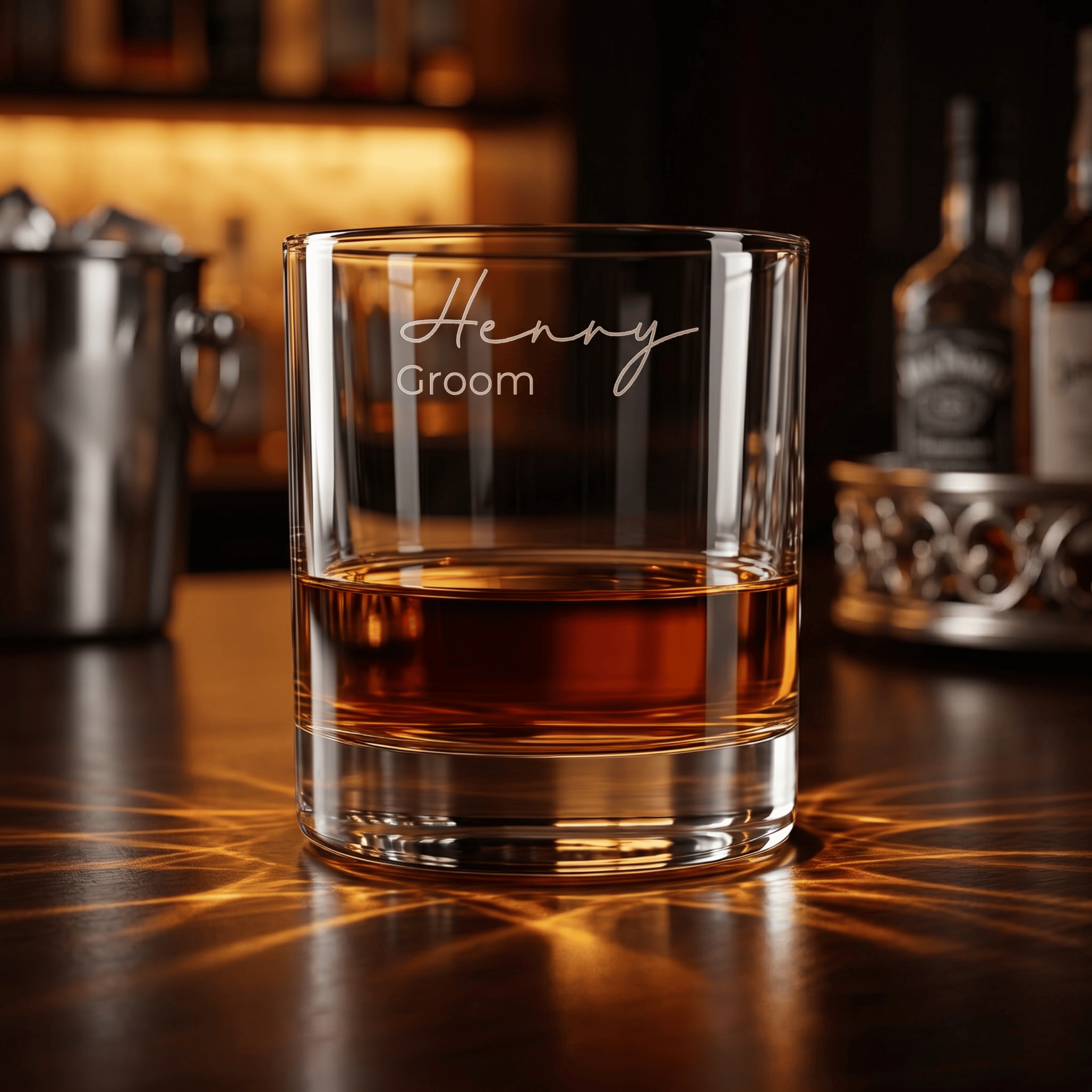 Glass of whiskey with 'Henry Groom' engraving on a bar counter.