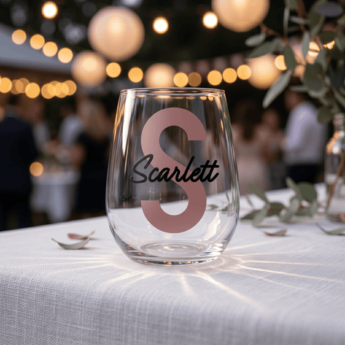 Clear glass with 'Scarlett' on a tablecloth with blurred background