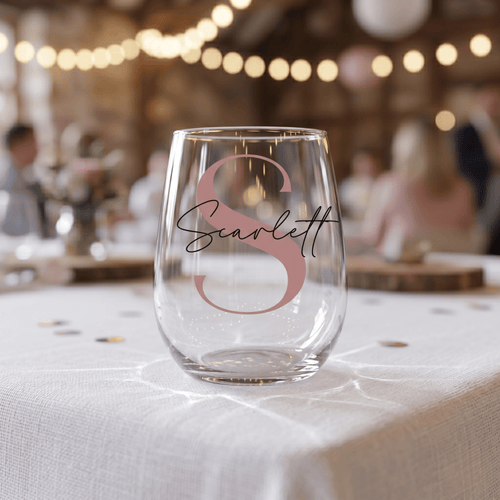 Clear glass with 'Scarlett' monogram on a tablecloth with blurred background