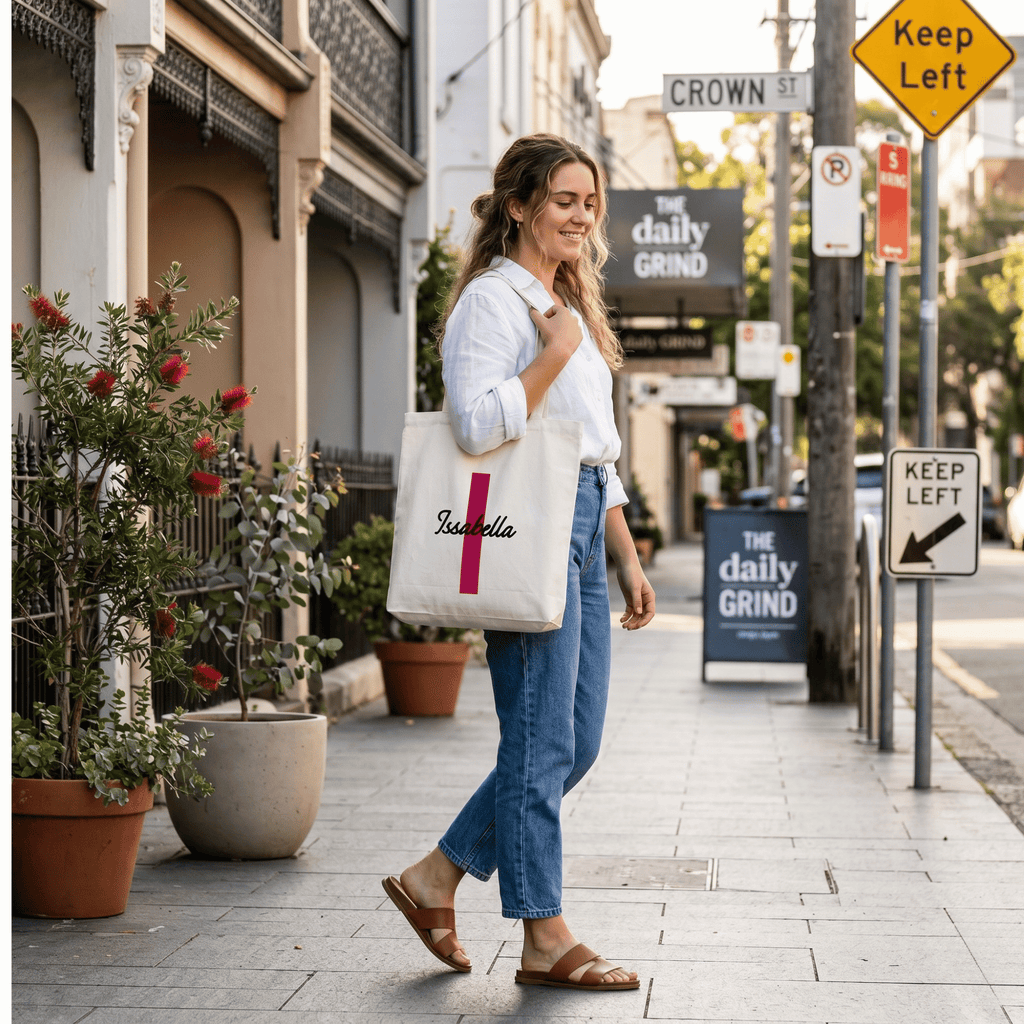Woman walking on a city street holding a tote bag with 'Isabella' branding.