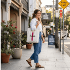 Woman walking on a city street holding a tote bag with 'Isabella' branding.
