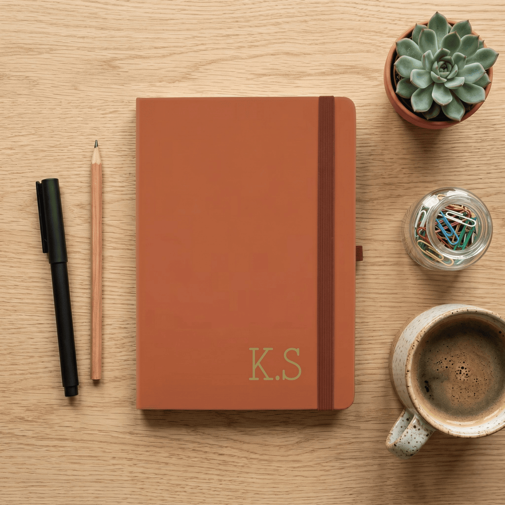 Brown notebook with 'K.S' initials on a wooden surface with stationery items.