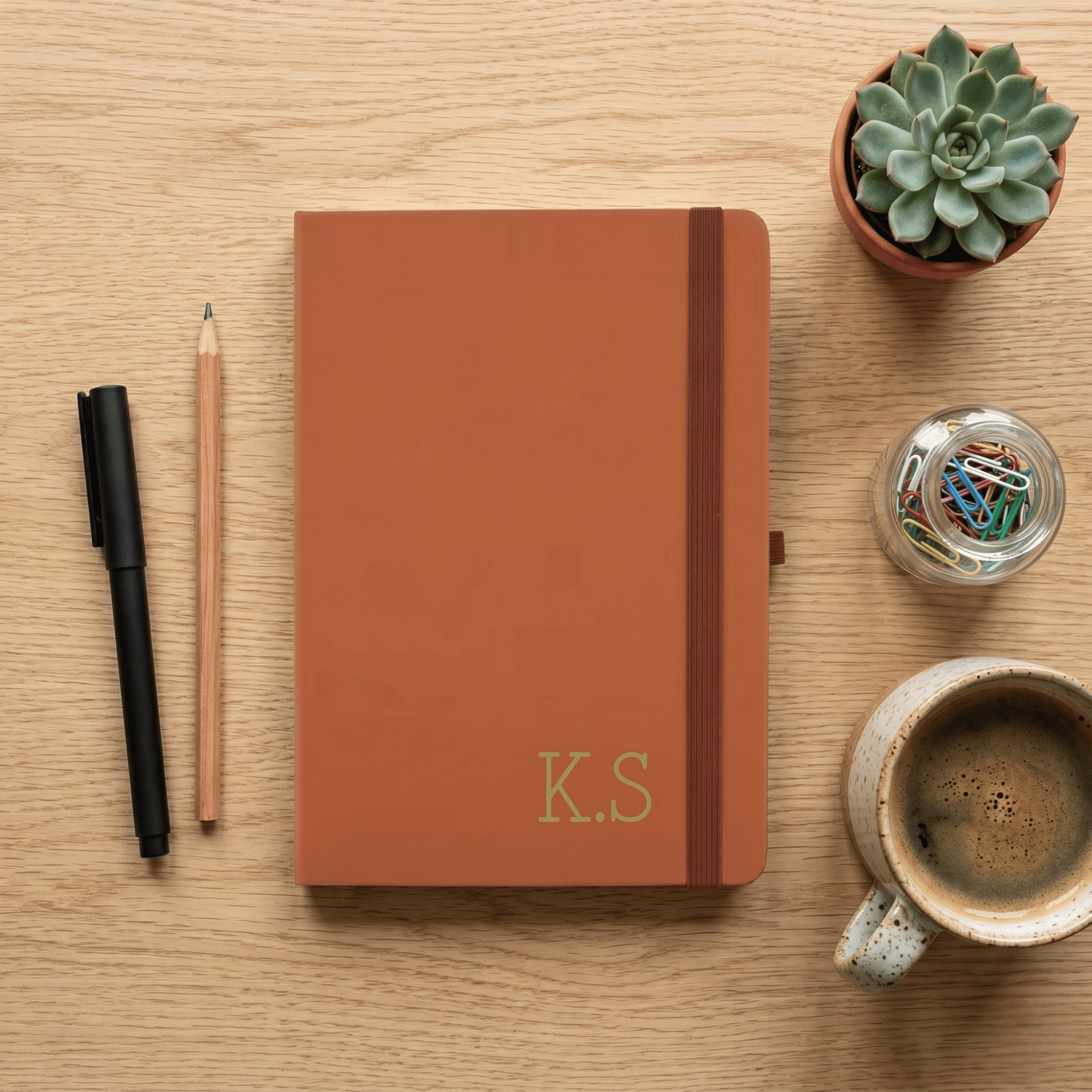 Brown notebook with 'K.S' initials on a wooden surface with stationery items.