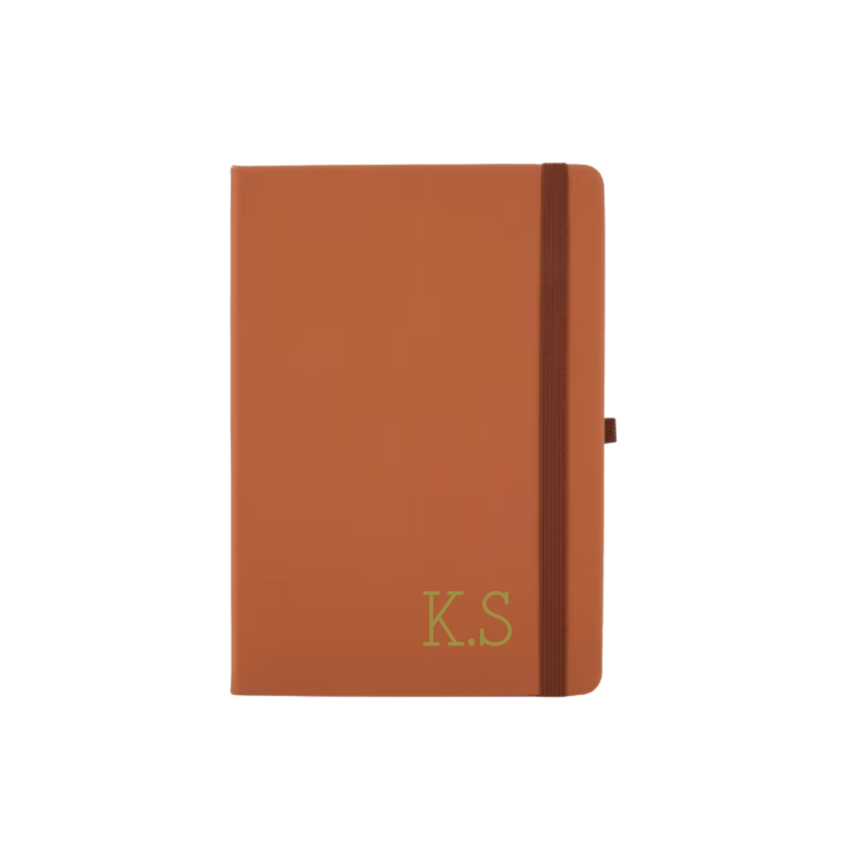 Tan A5 vegan leather notebook with hard cover, personalised with initials K.S in gold.