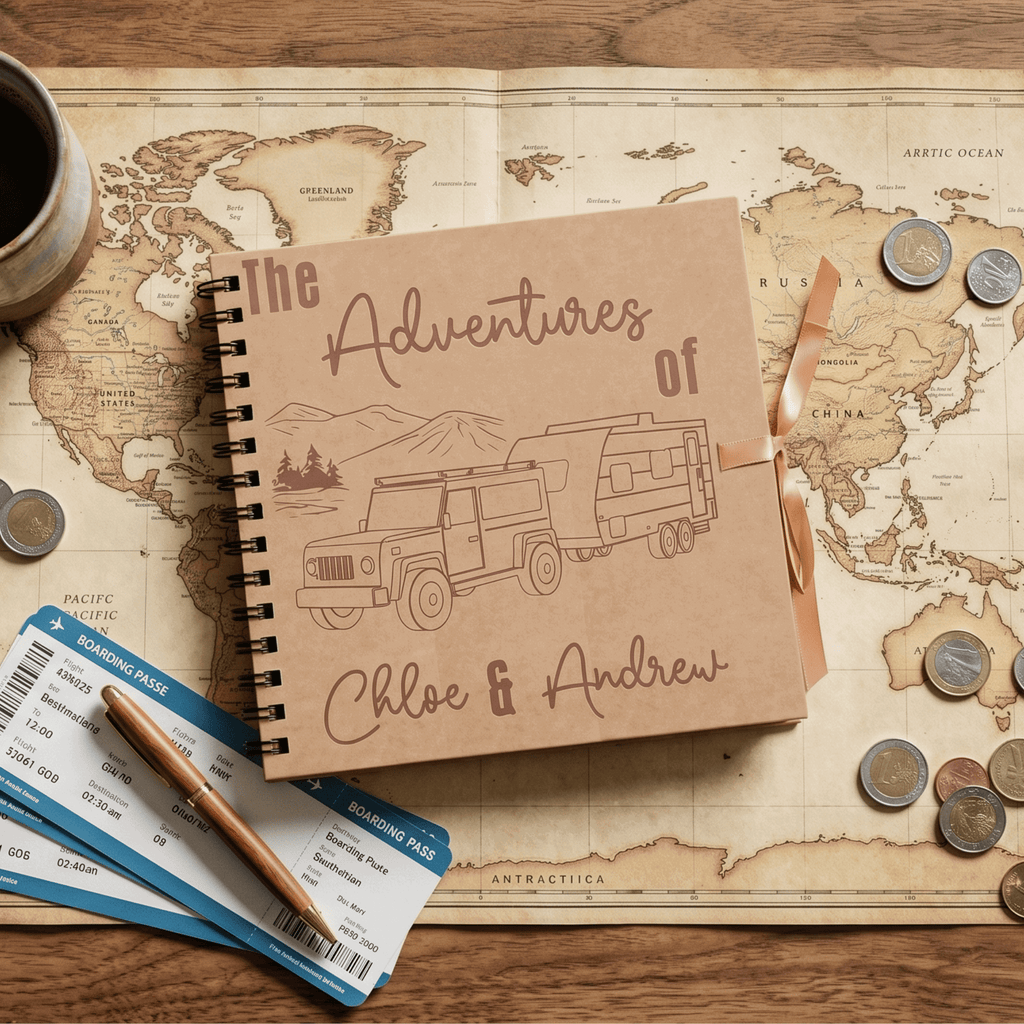 Album titled 'The Adventures of Chloe & Andrew' on a world map with coins and tickets.