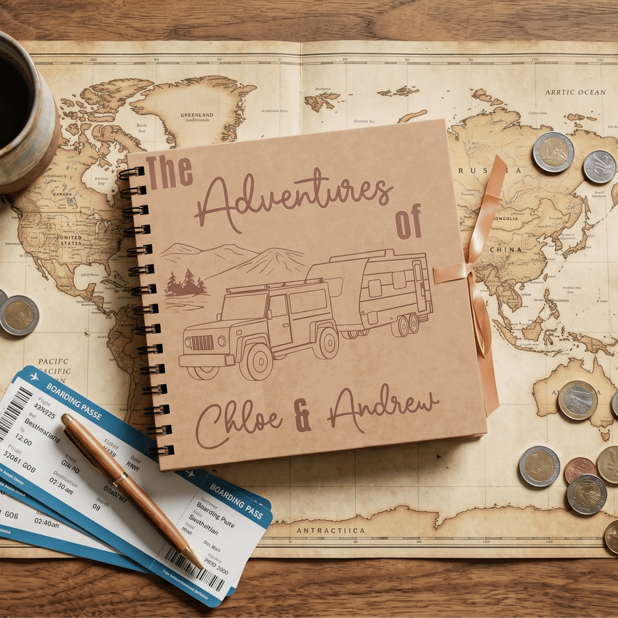 Album titled 'The Adventures of Chloe & Andrew' on a world map with coins and tickets.