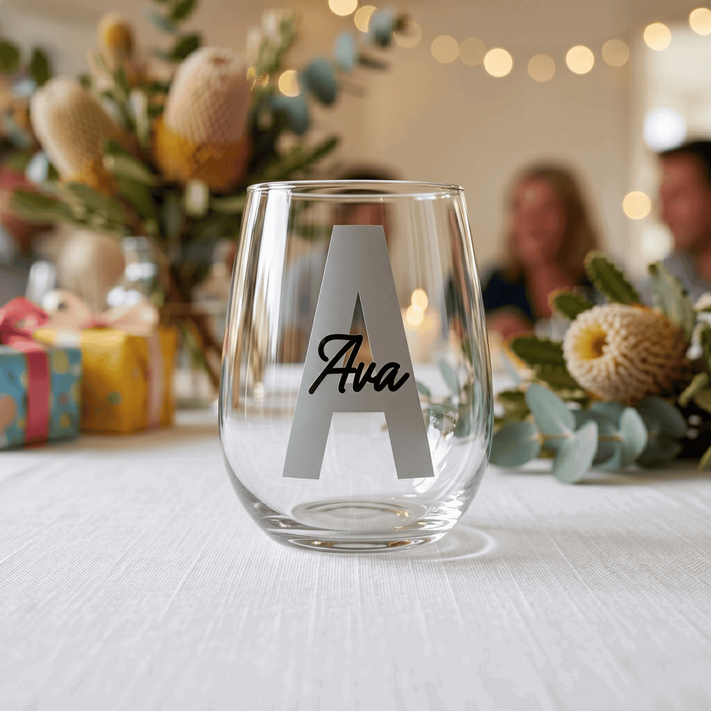 Clear glass with 'Ava' engraving on a table with decorative elements and people in the background