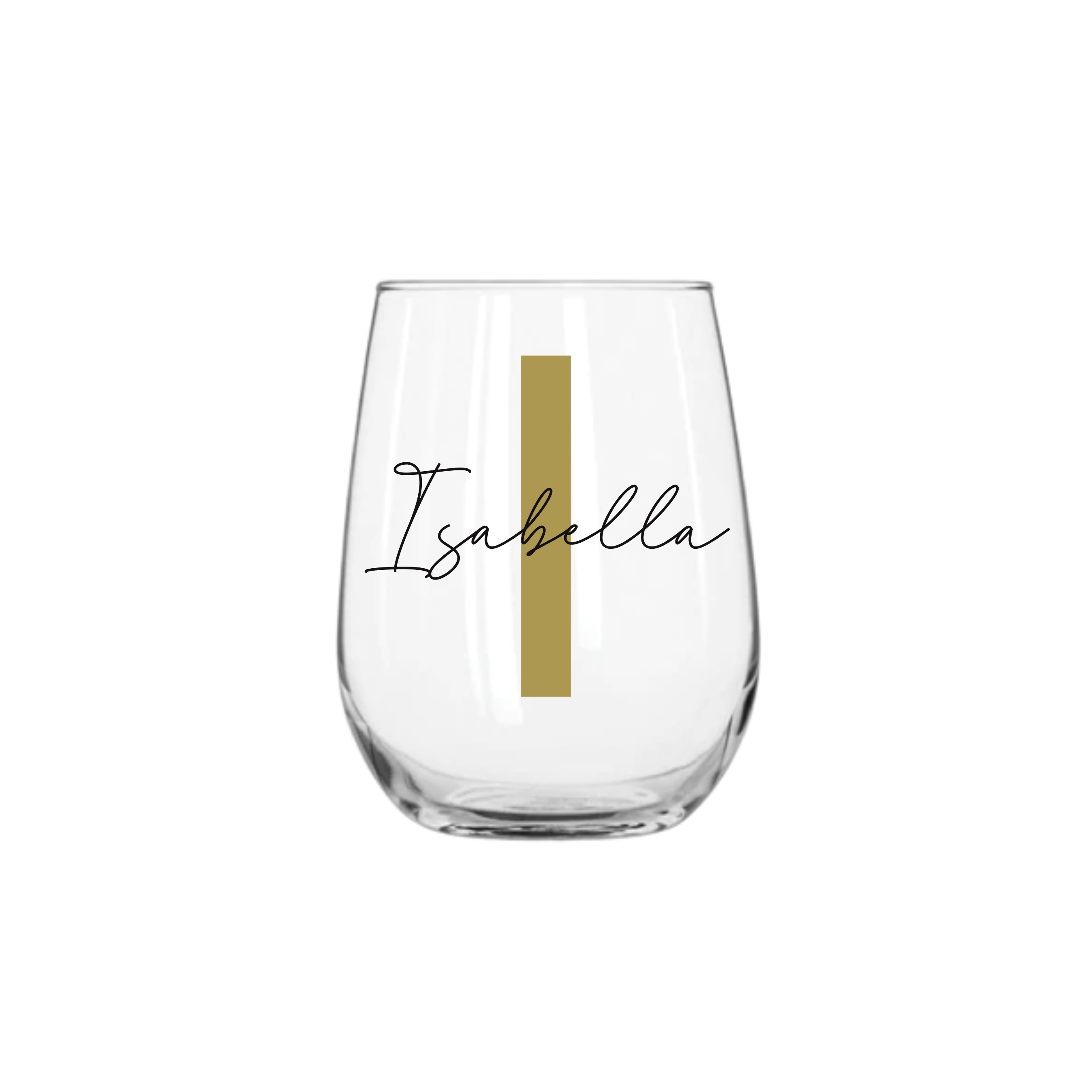 Personalised handmade 475ml stemless wine glass with gold letter I and name Isabella, perfect wineglass gift for her, personalised gift Australia