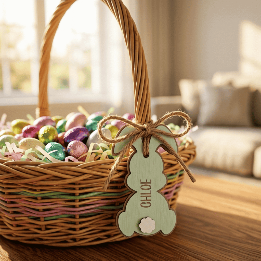 Wicker Easter basket filled with colorful eggs and a 'Chloe' tag on a wooden table.