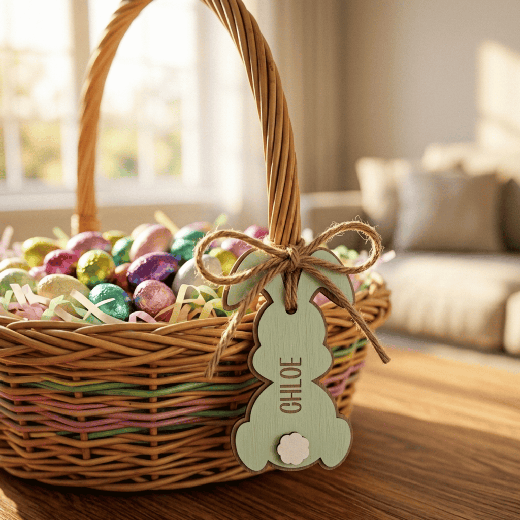 Wicker Easter basket filled with colorful eggs and a 'Chloe' tag on a wooden table.