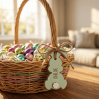Wicker Easter basket filled with colorful eggs and a 'Chloe' tag on a wooden table.