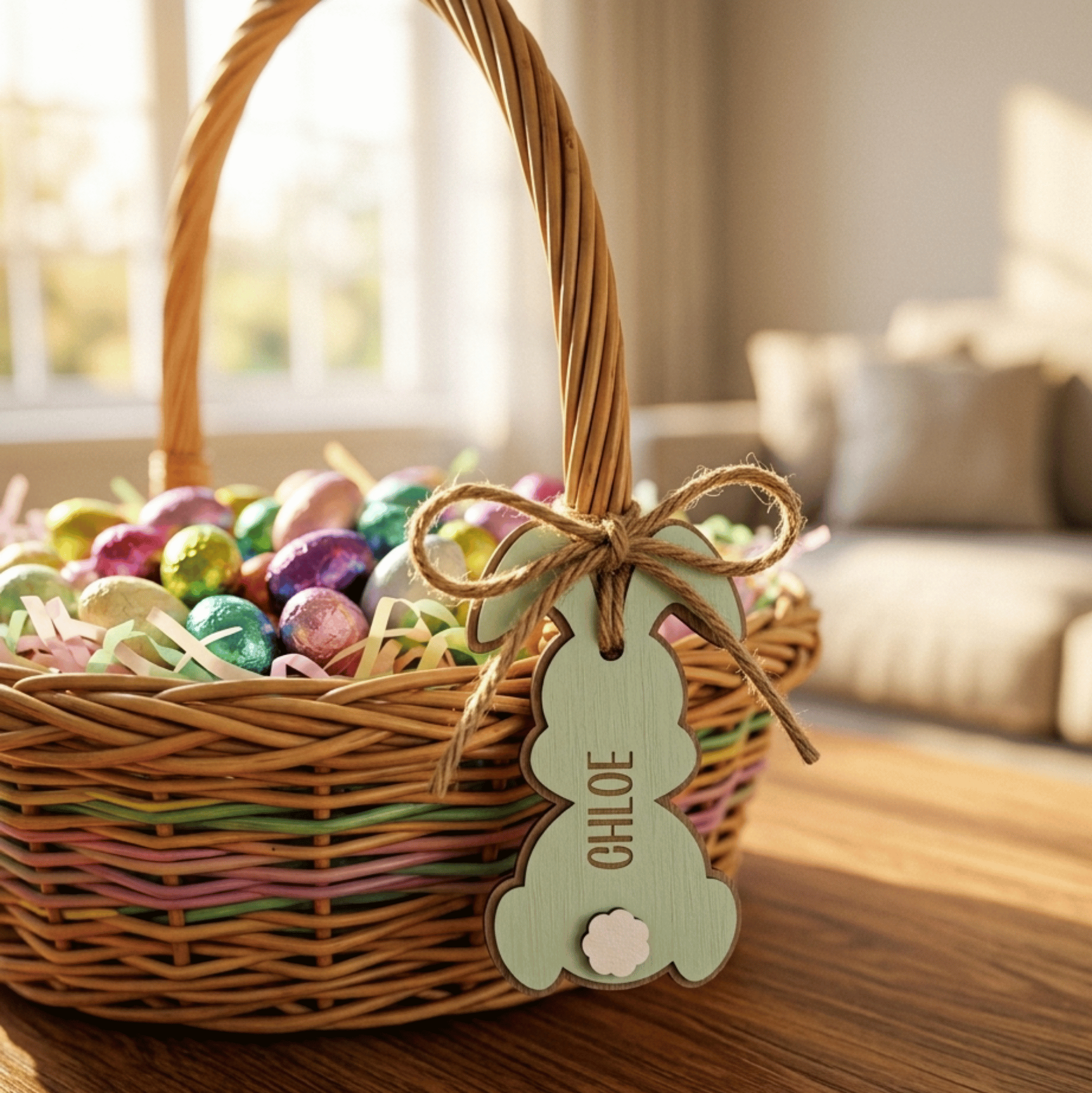Wicker Easter basket filled with colorful eggs and a 'Chloe' tag on a wooden table.