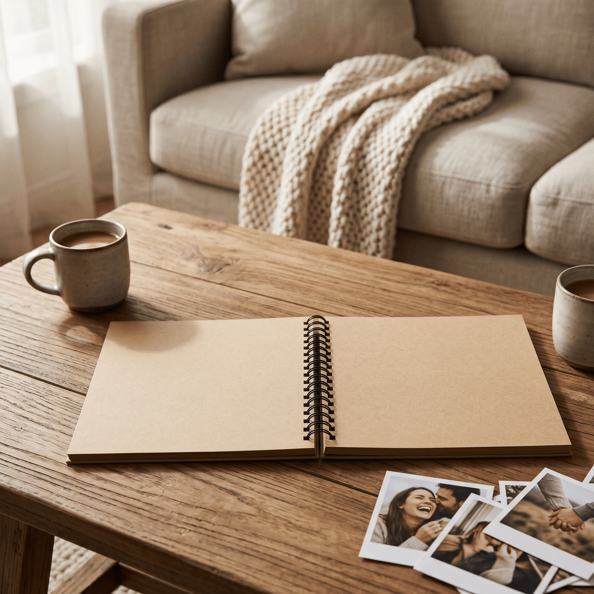 Open Album on a wooden table with coffee cups and photo prints, set against a cozy living room background.