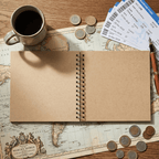 Open Album with coins, a cup of coffee, and travel tickets on an old world map.