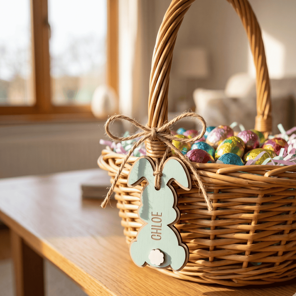 Wicker Easter basket with colorful eggs and a decorative tag on a wooden table.