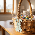 Wicker Easter basket with colorful eggs and a decorative tag on a wooden table.