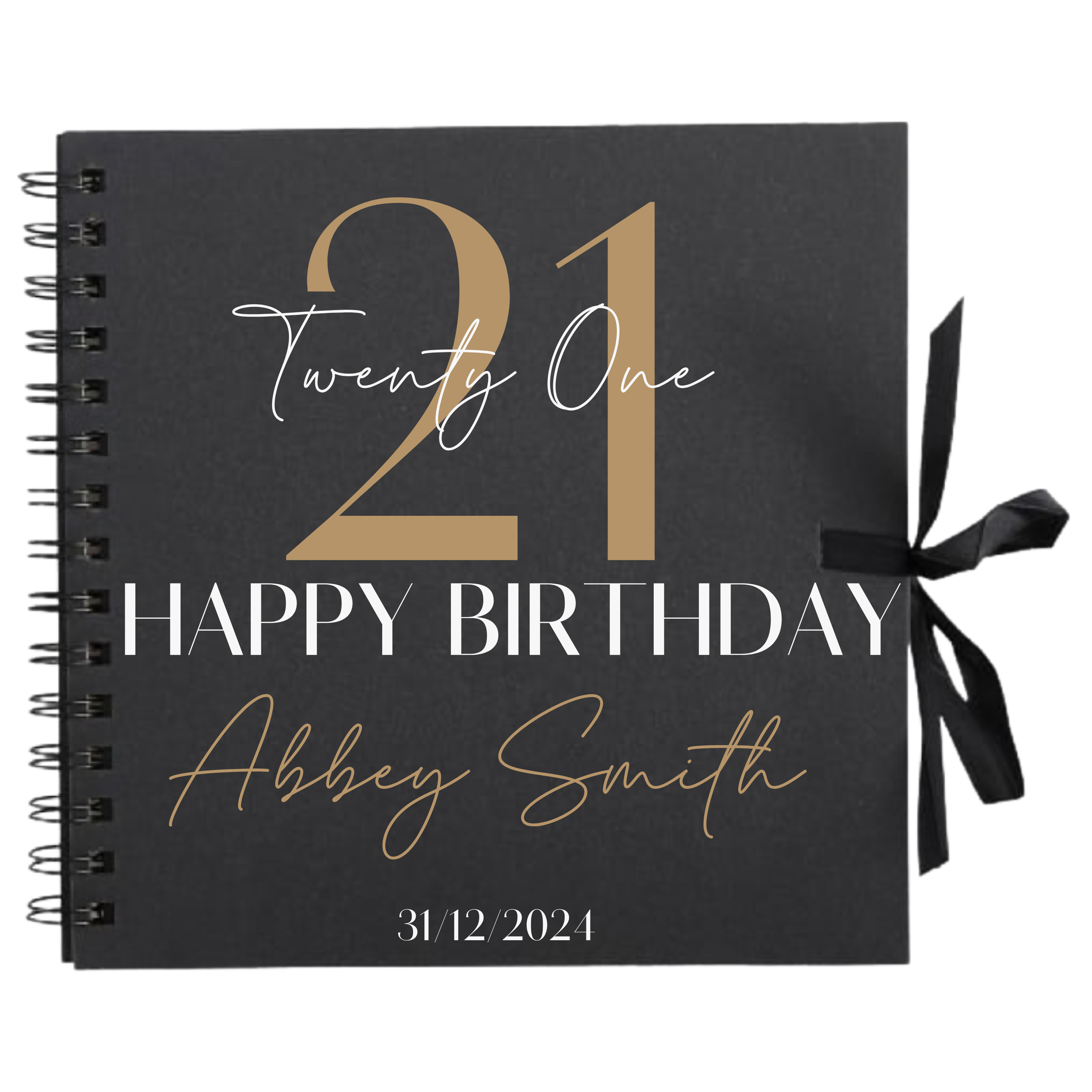 Personalised 21st birthday scrapbook album in black with gold detailing, ribbon tie and name on cover