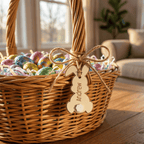 Wicker basket filled with colorful Easter eggs on a wooden floor.