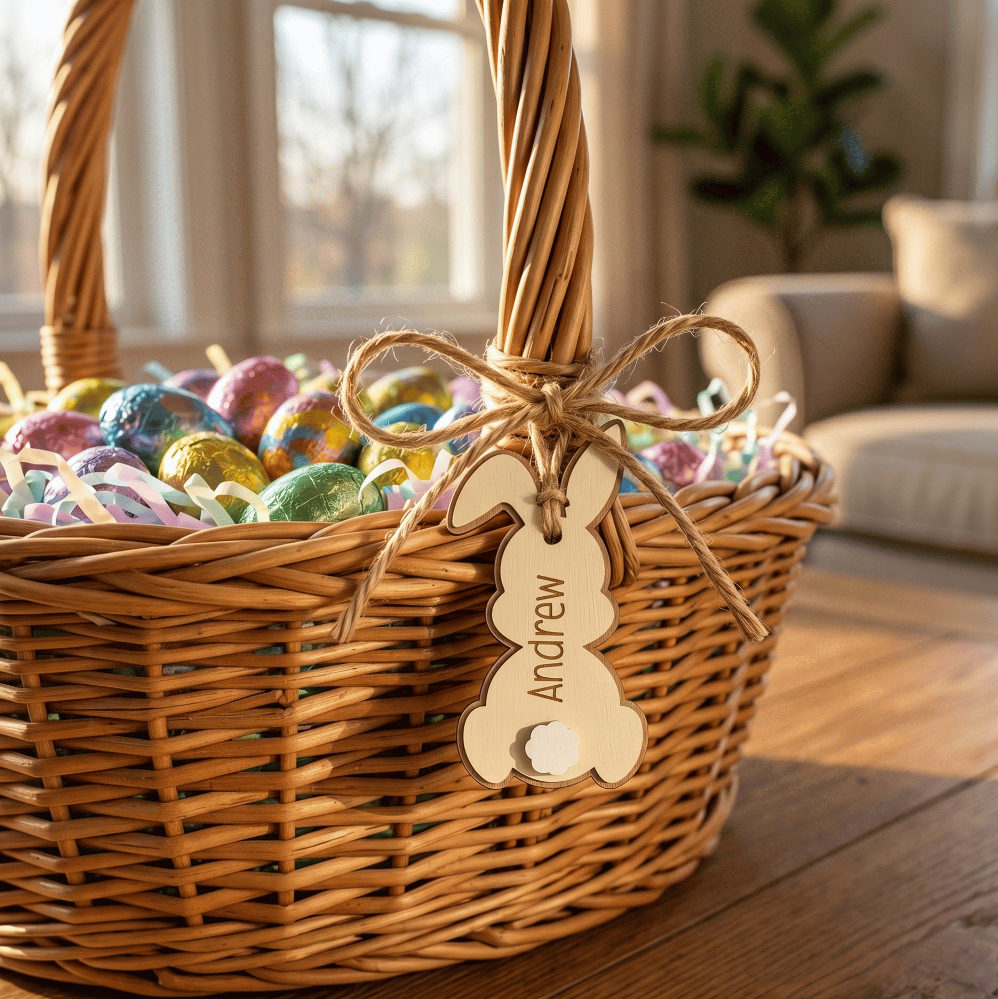Wicker basket filled with colorful Easter eggs on a wooden floor.