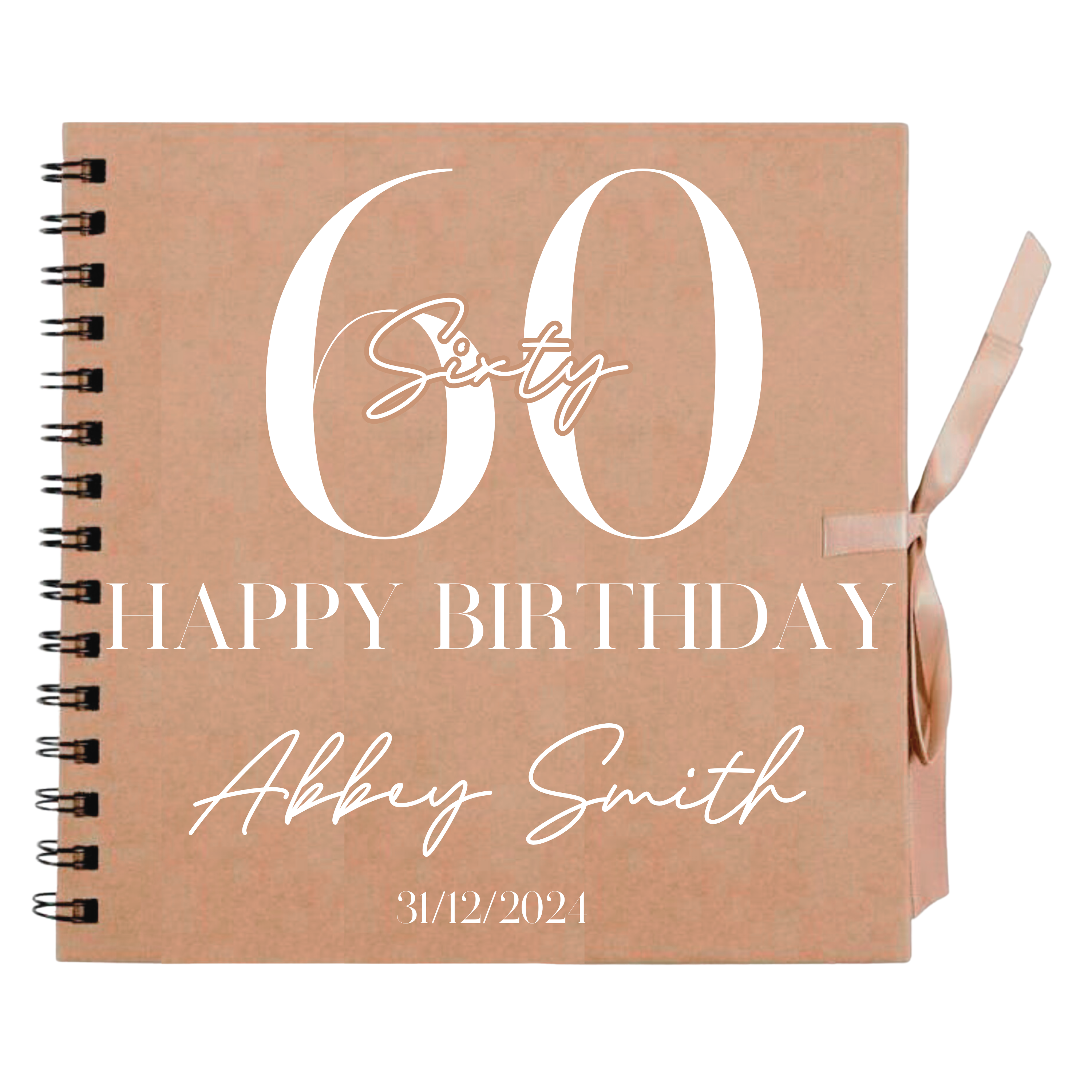 60th birthday scrapbook album in kraft cover with white text, name, and date