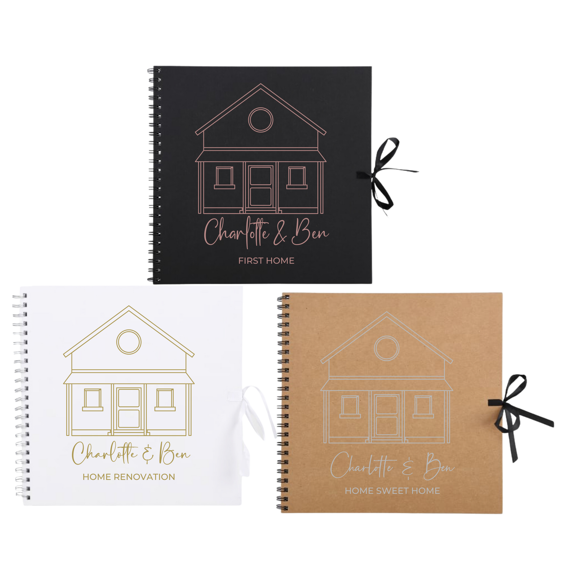 Three personalised home photo albums for first home, new home build, and first home milestones in black, white, and kraft covers