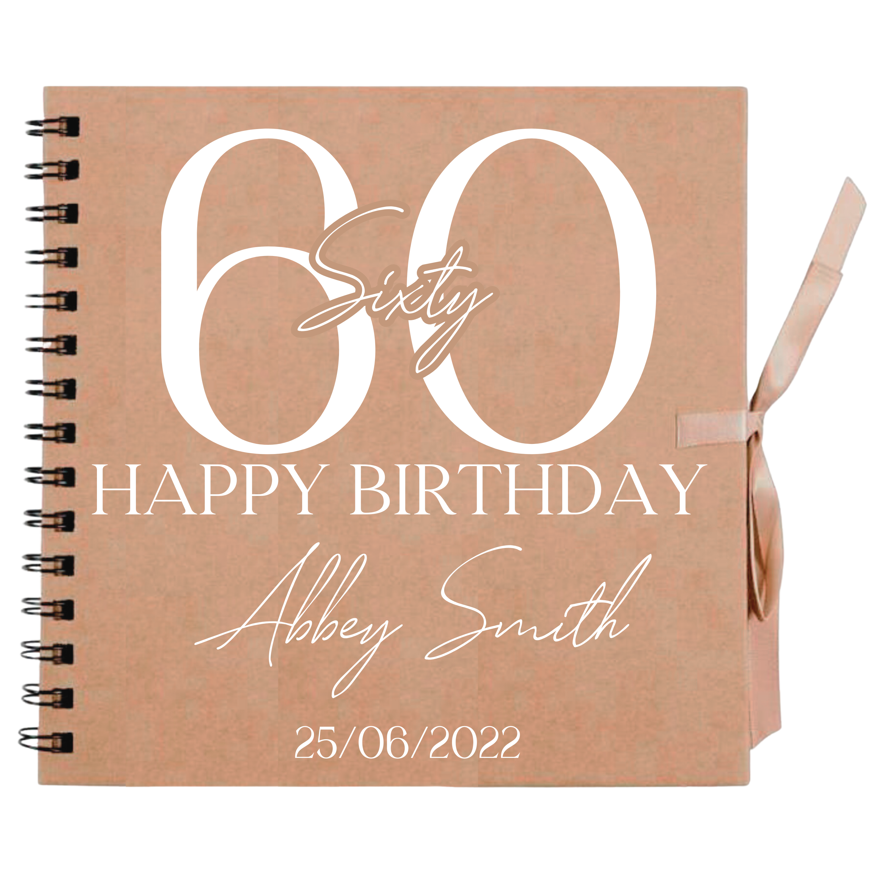 60th birthday scrapbook album in kraft cover with white text, name, and date