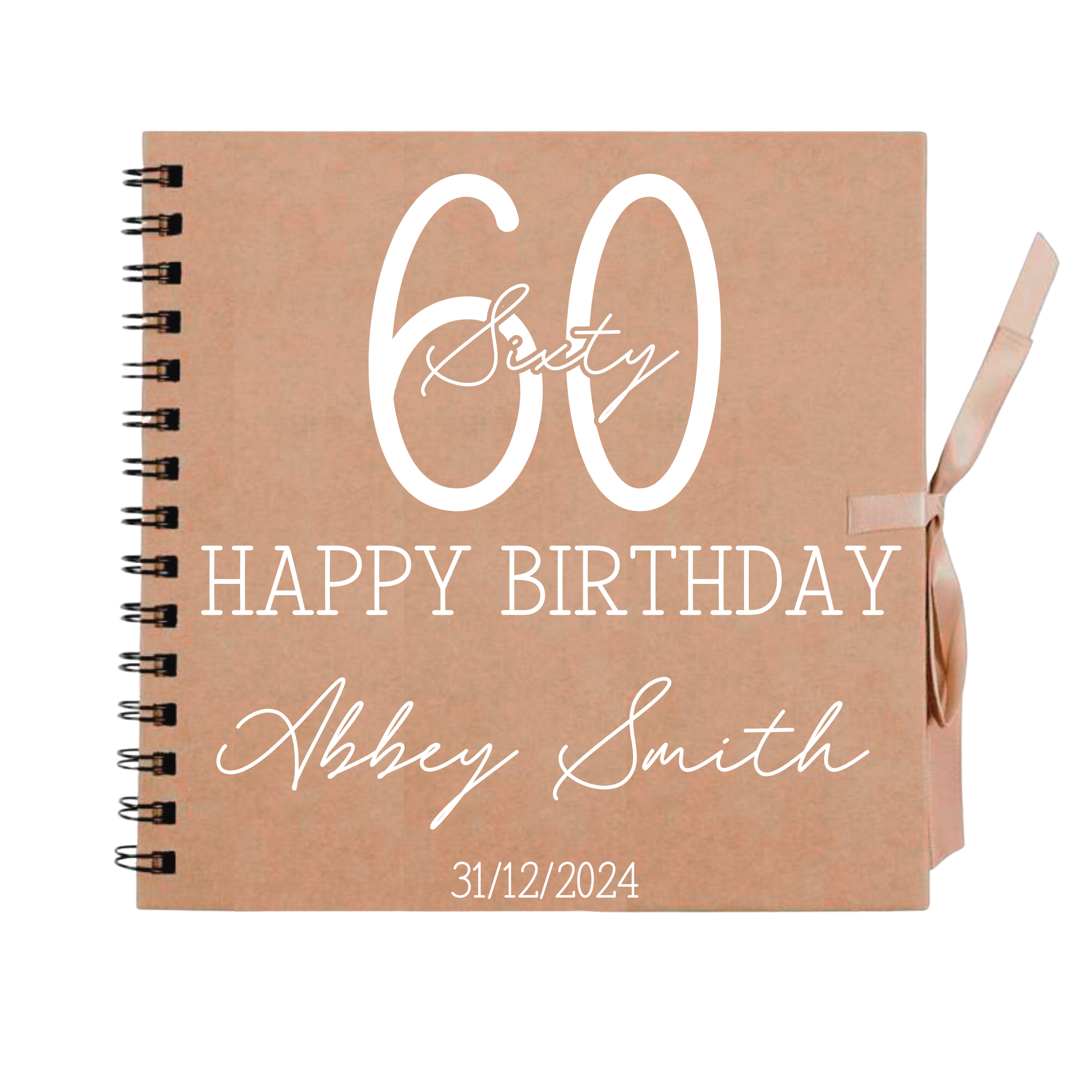 60th birthday scrapbook album in kraft cover with white text, name, and date