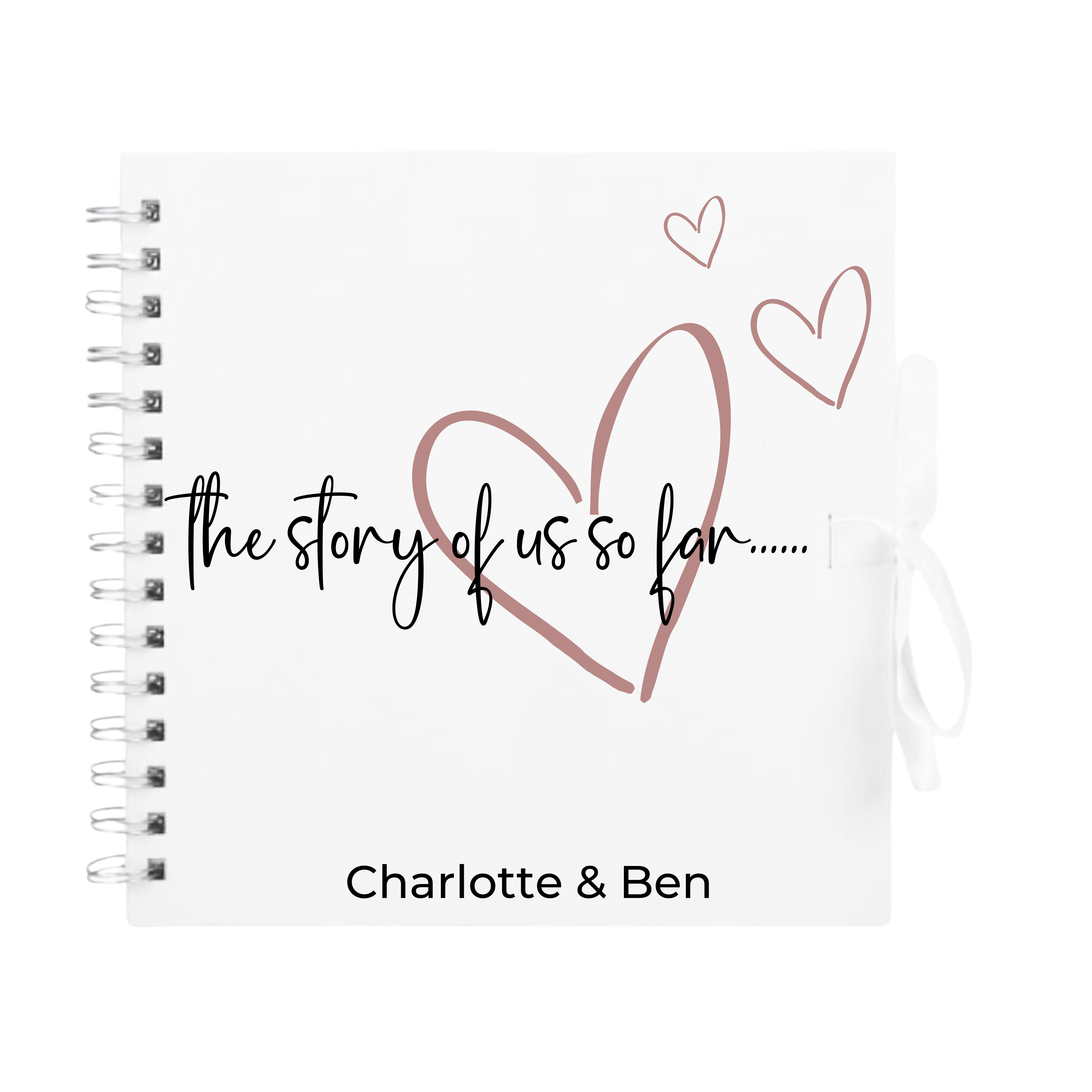 White love story scrapbook with rose gold hearts and “The story of us” title – personalised photo album