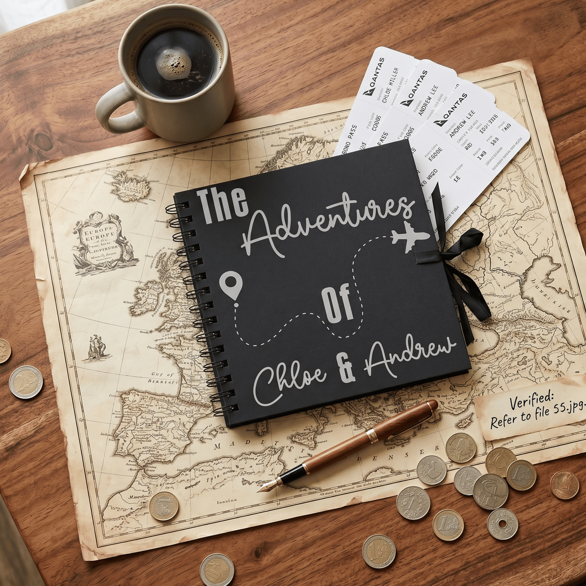 Black Album titled 'The Adventures of Chloe & Andrew' on a wooden surface with a map, coins, and a cup of coffee.