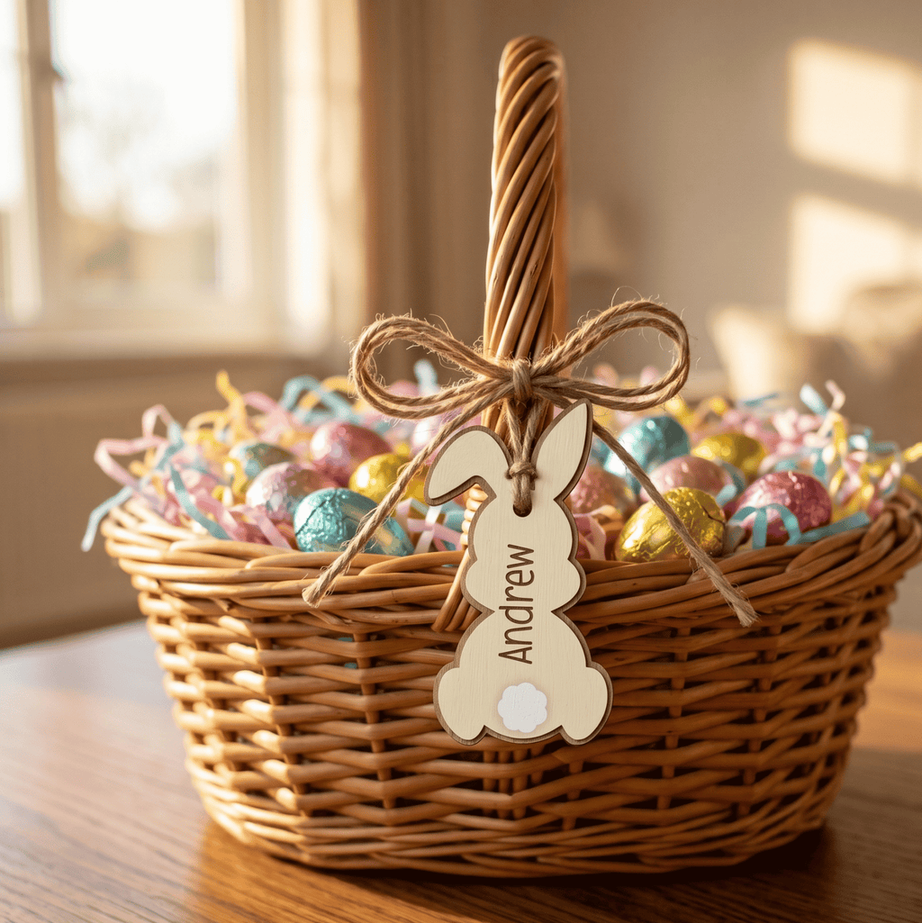 Wicker Easter basket with colorful eggs and a personalized wooden tag on a wooden surface.