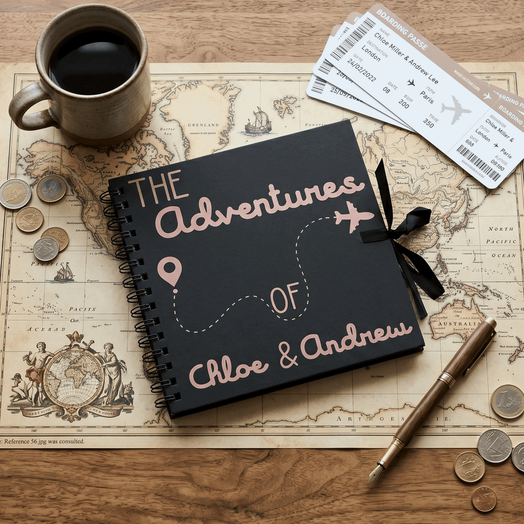 Personalised travel Album with 'The Adventures of Chloe & Andrew' on a world map with coffee, coins, and tickets.