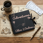 Personalised travel Album with 'The Adventures of Chloe & Andrew' on a world map with coffee, coins, and tickets.