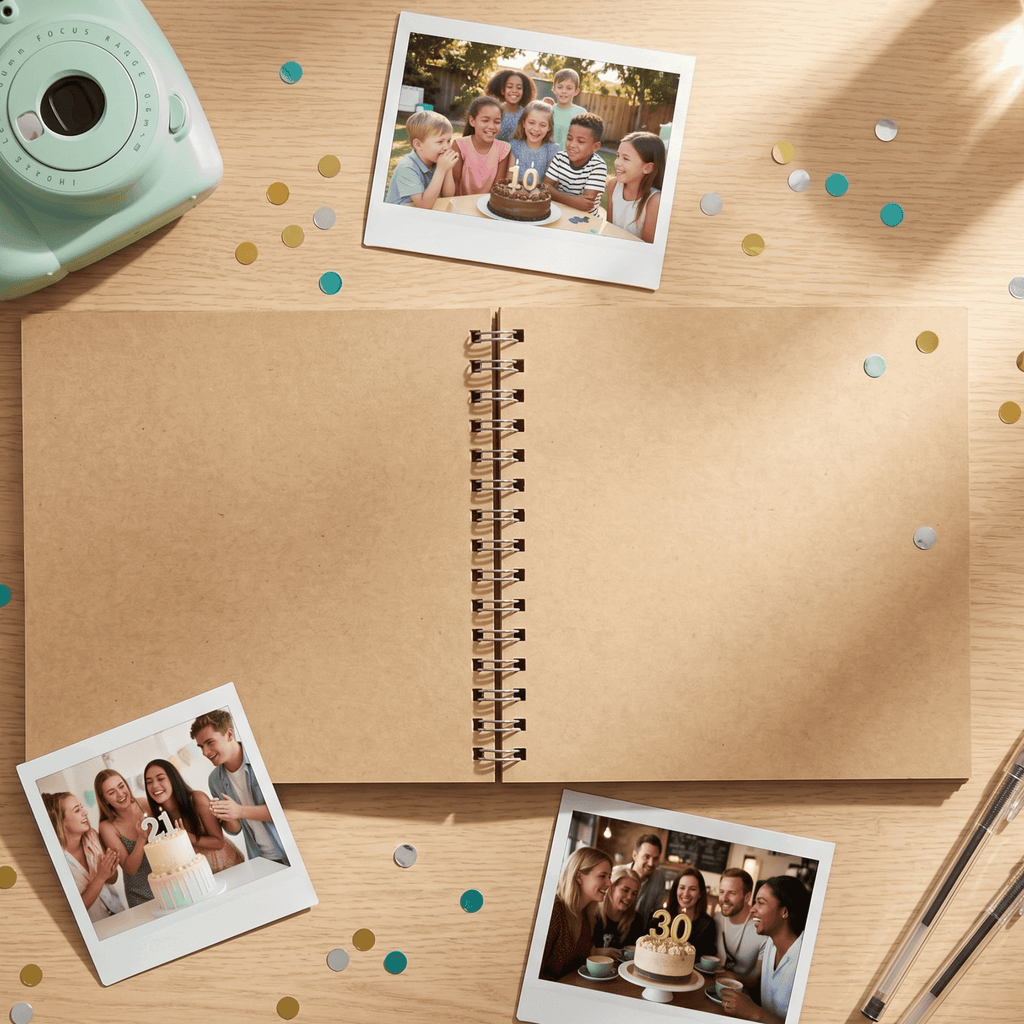 Open spiral-bound album with instant photos of a birthday celebration on a wooden surface.
