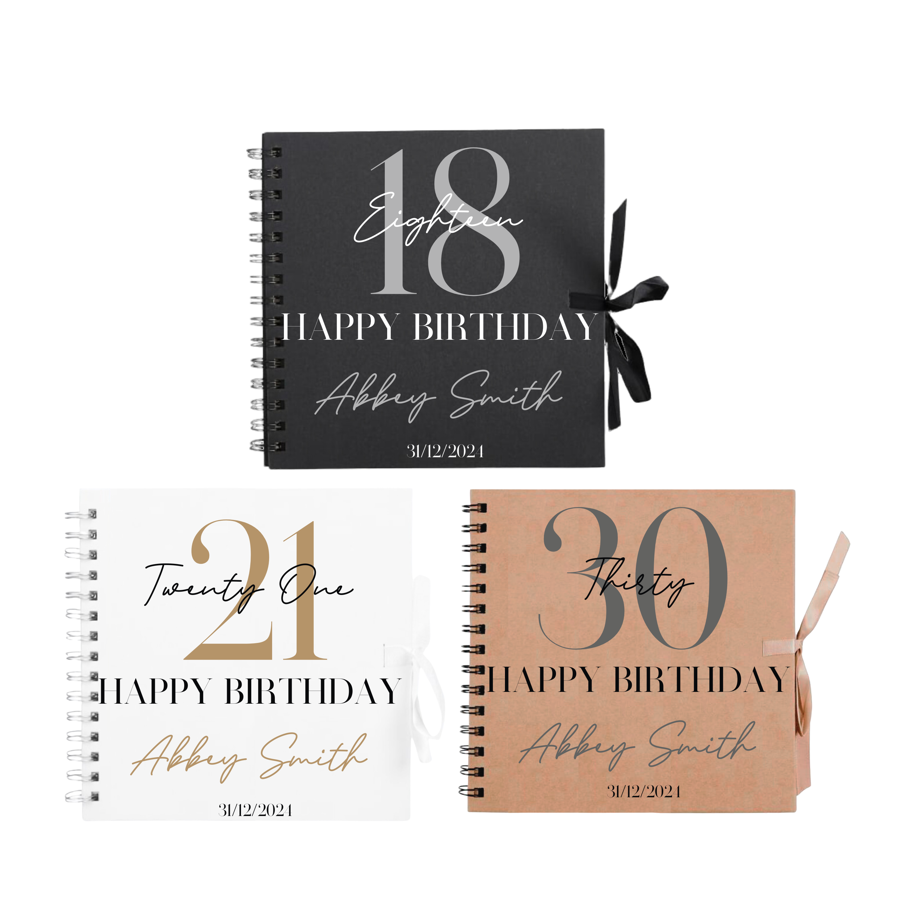 Three personalised birthday scrapbook albums for 18th, 21st, and 30th birthdays, featuring names and dates on black, white, and kraft covers