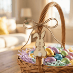 Wicker Easter basket with colorful eggs and a personalized bunny tag, blurred indoor background