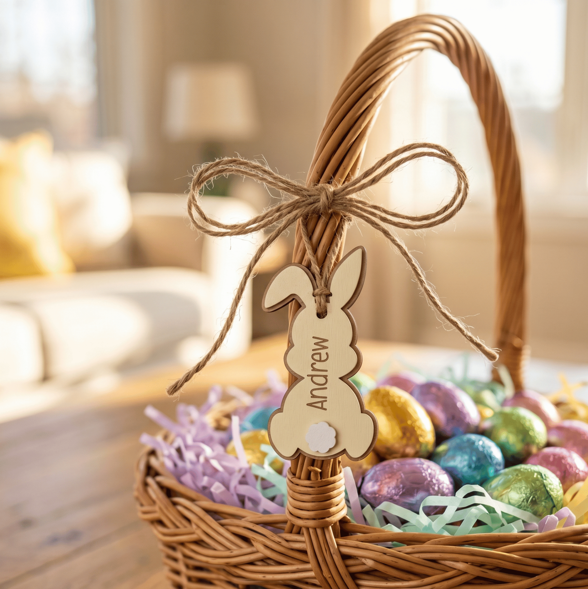 Wicker Easter basket with colorful eggs and a personalized bunny tag, blurred indoor background