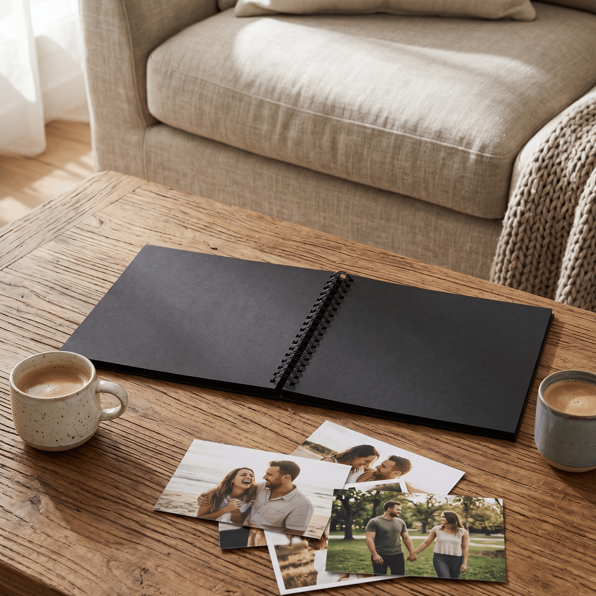 Black photo album on a wooden table with coffee cups and family photos in a living room setting.