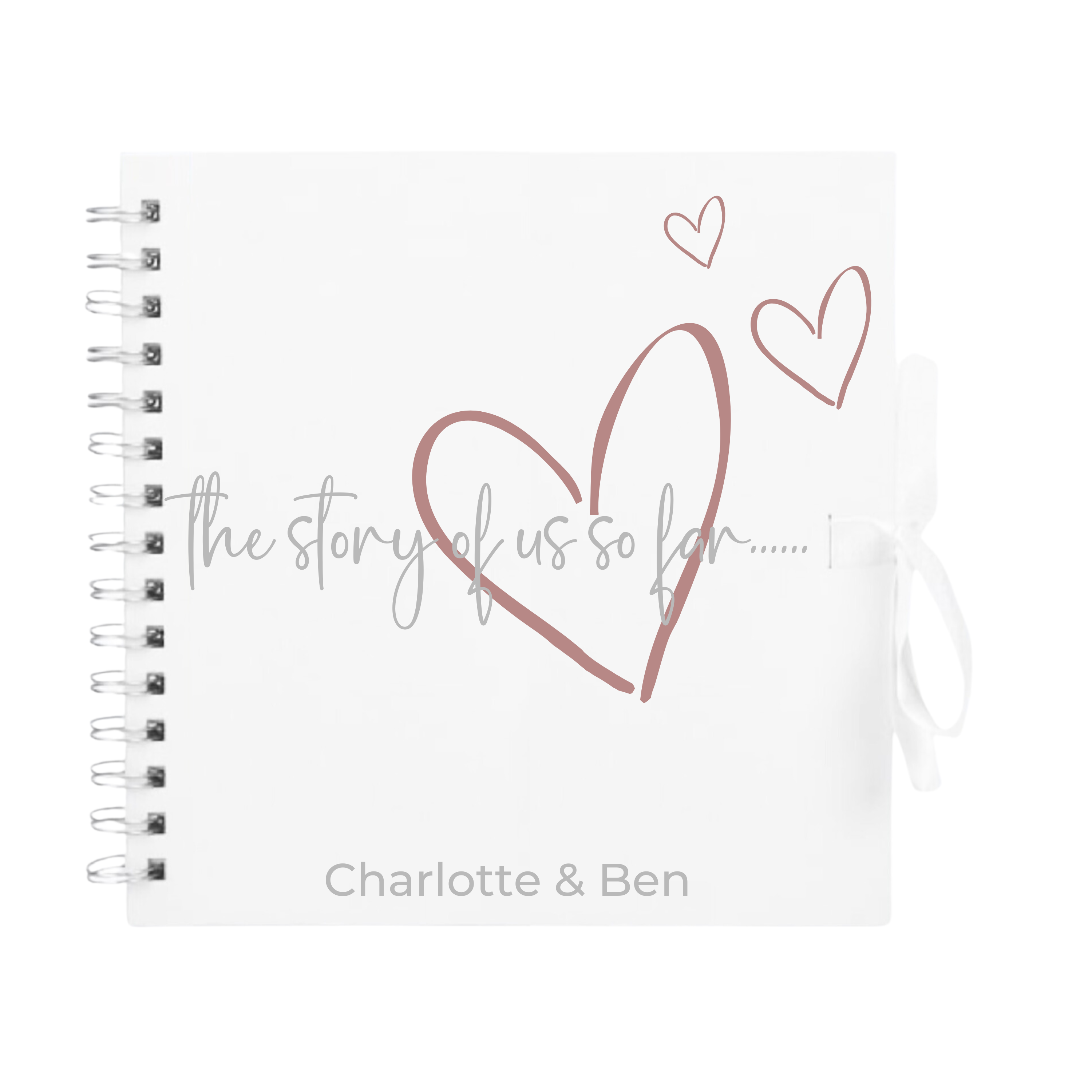 White scrapbook for couples with rose gold hearts and elegant script font – thoughtful gift for her or him